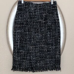 Gracia Black and White Tweed Fringe-Hem Pencil Skirt